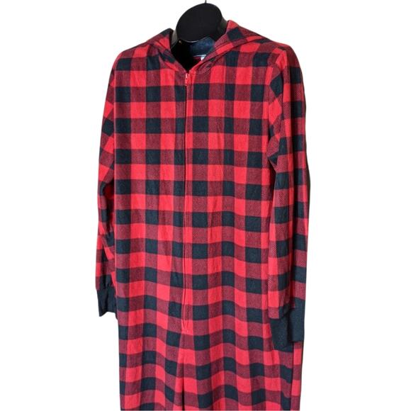 HOLIDAY TAILS Red Buffalo Plaid Zipper Hooded Onesie Pajamas Small Medium - Picture 2 of 6